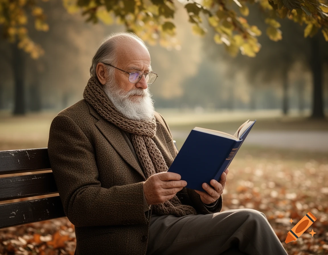 Elderly man with a white beard and glasses, wearing a brown jacket and scarf, sits on a park bench in autumn reading a dark blue book.