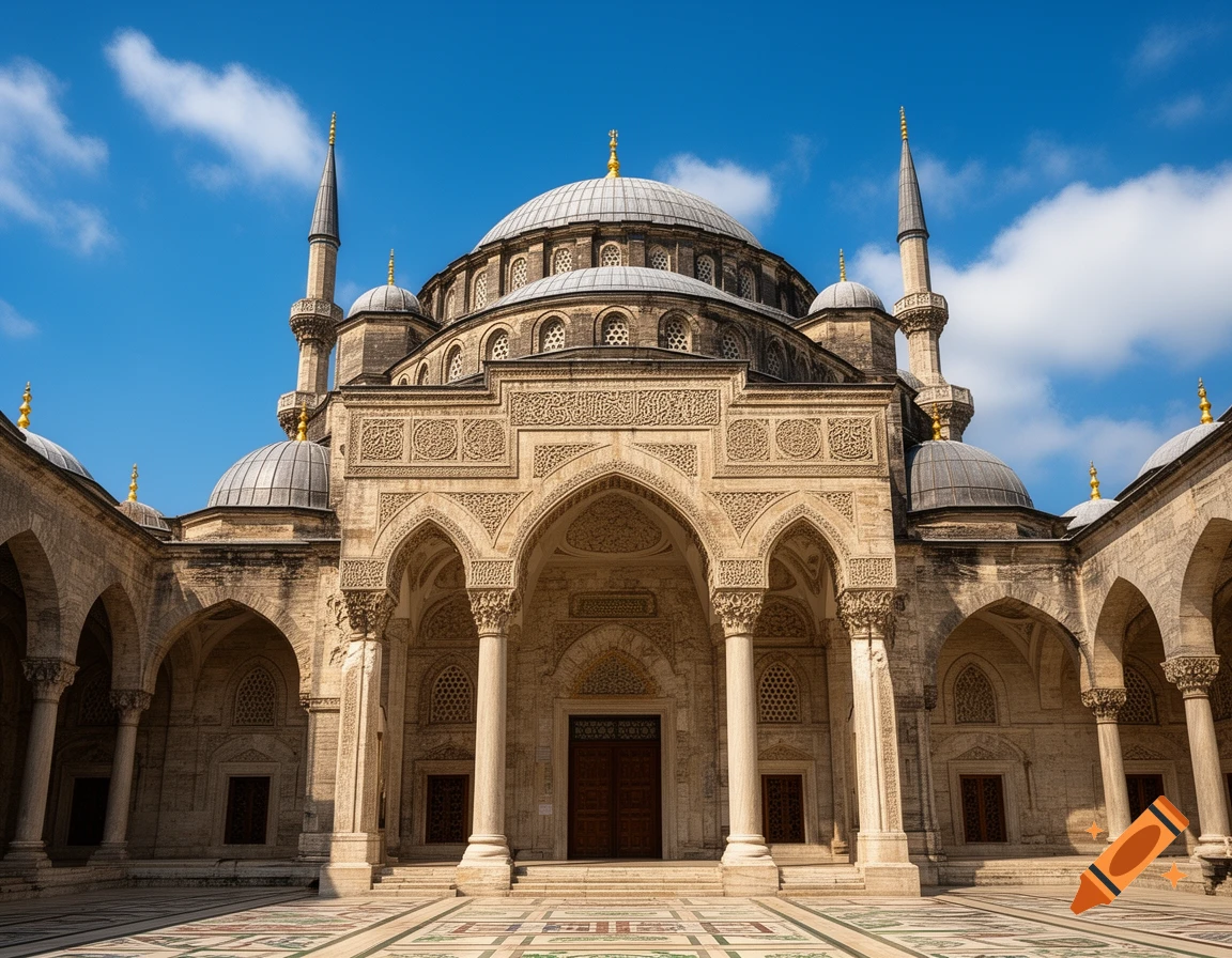 An ornate, grand stone mosque with multiple domes, minarets, and arched porticos under a bright blue sky.