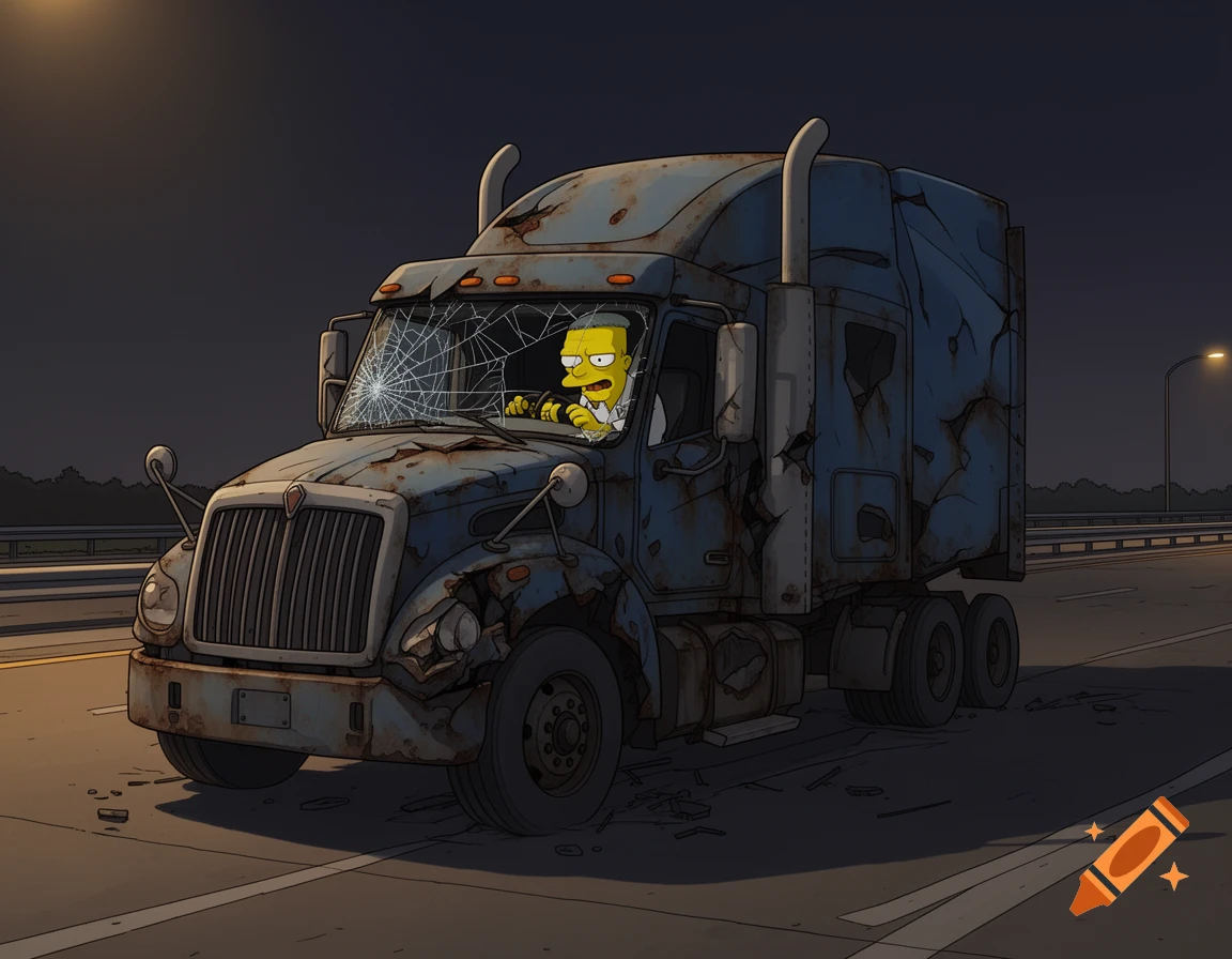 Cartoon Mr. Burns from The Simpsons drives a rusty, damaged blue semi-truck at night on a highway.