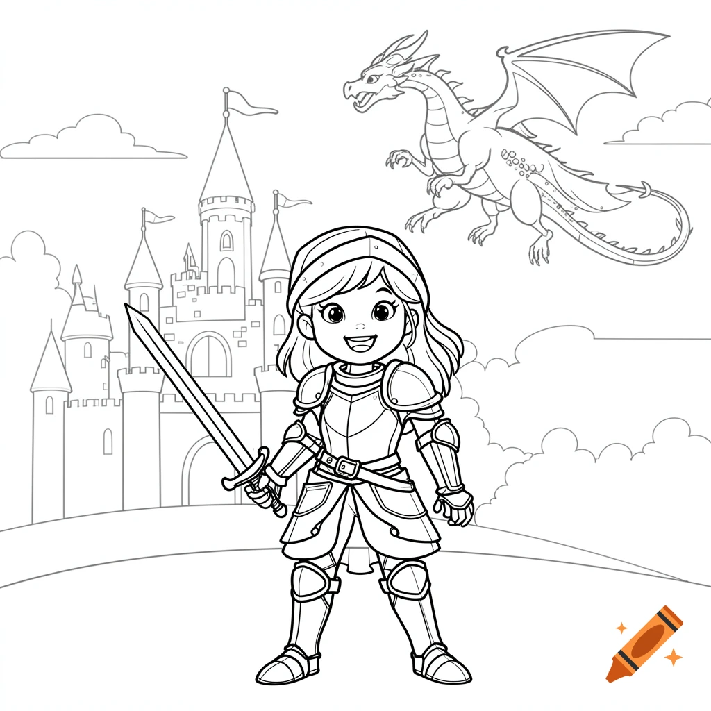 A cartoon coloring page of a happy young female knight holding a sword, with a castle and a dragon in the background.