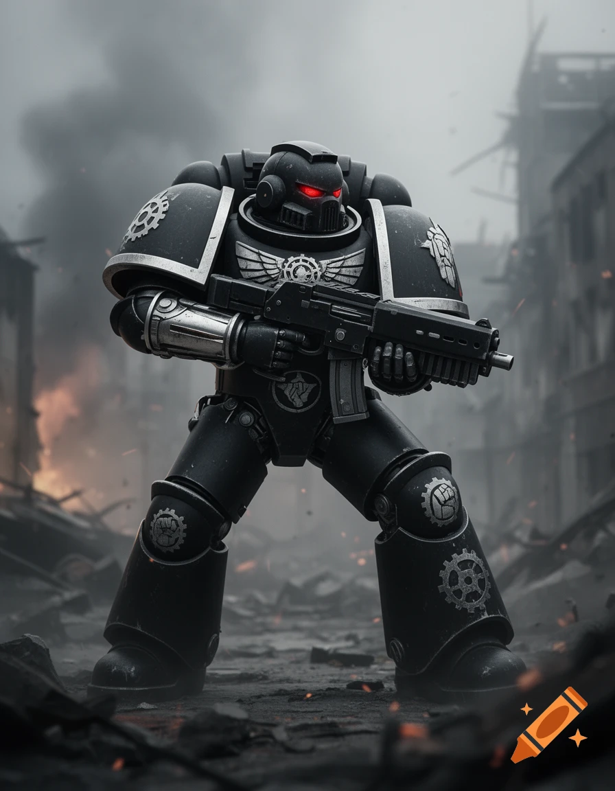 A Space Marine in black power armor with glowing red eyes stands in a war-torn city, holding a rifle.