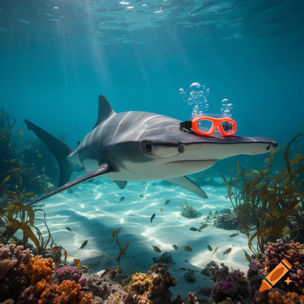 A photorealistic hammerhead shark wears orange goggles while swimming over a coral reef with small fish and sunlight filtering through the blue water.