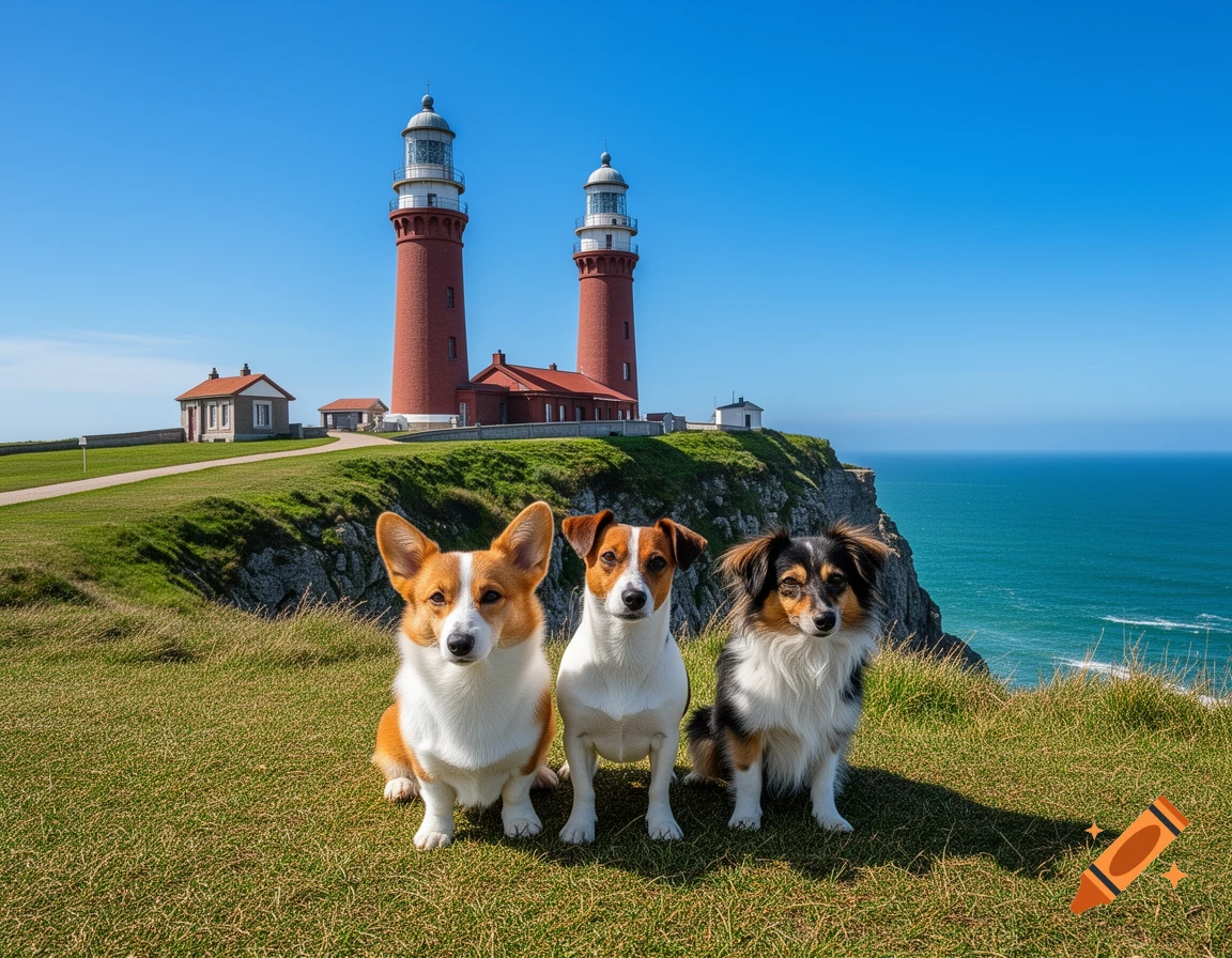 A Corgi, a Jack Russell Terrier, and a small long-haired mixed-breed dog sit on a grassy cliff overlooking the ocean with two red lighthouses in the background.