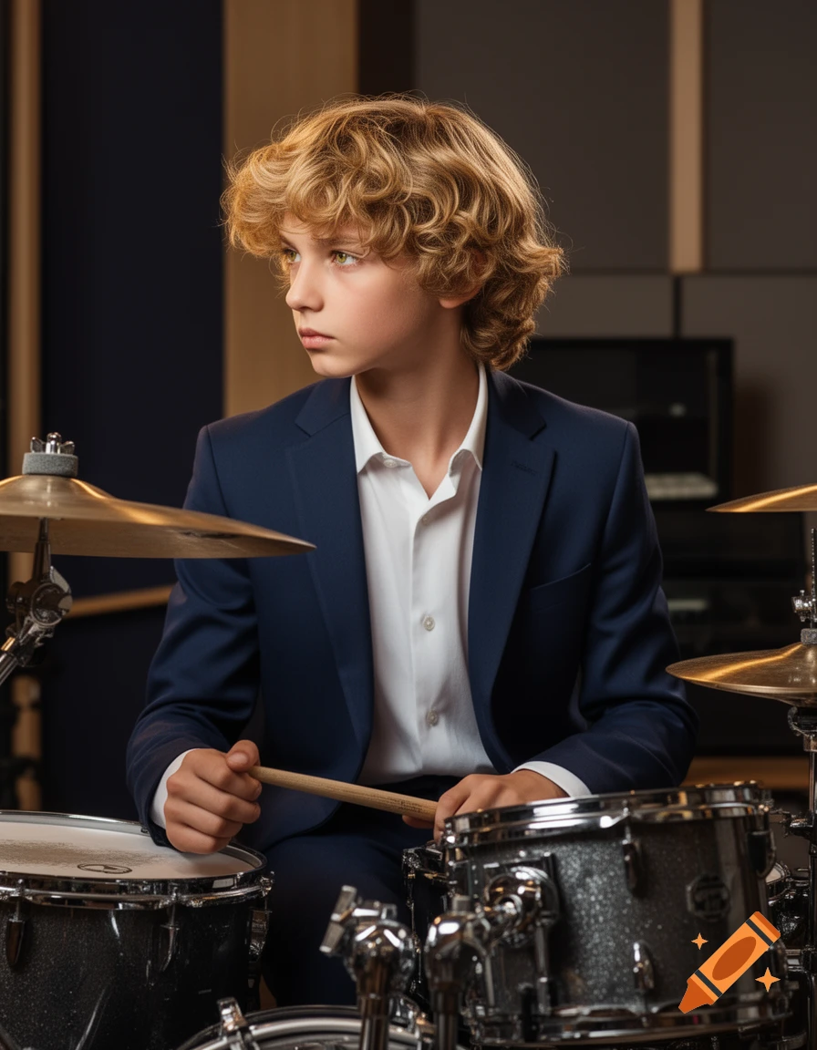 A young boy with curly blond hair in a suit plays drums in a studio, looking intently to the side.