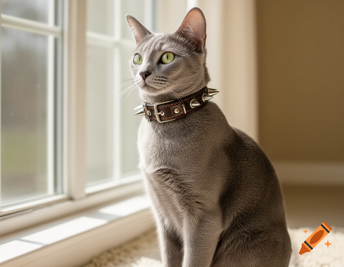 A grey Russian Blue cat with bright green eyes wears a spiked brown leather collar while sitting by a window.