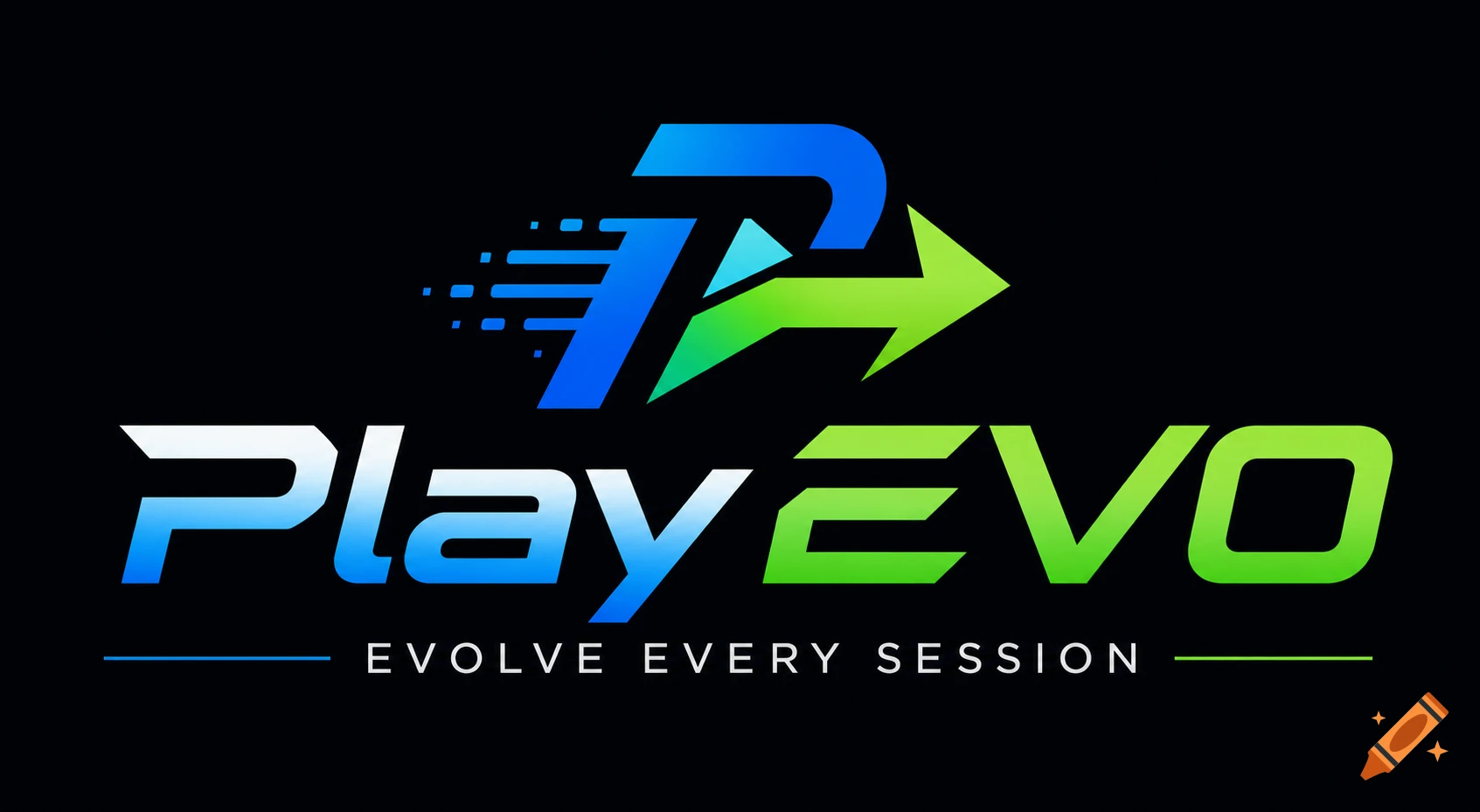 A modern logo for 'PlayEVO' with a blue and green stylized 'P' and arrow, and the tagline 'EVOLVE EVERY SESSION' against a black background.