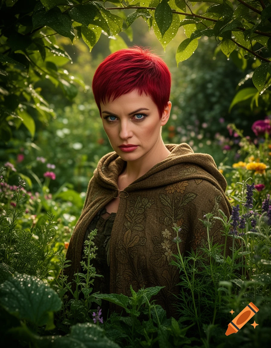 A woman with short red hair and striking blue eyes, wearing a hooded cloak, gazes fiercely from a lush, dewy garden.