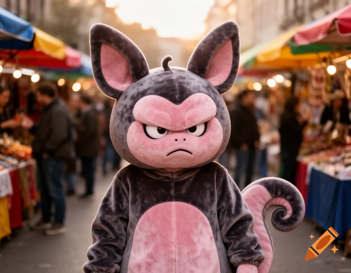 An angry-faced person in a gray and pink plush mascot costume, resembling a Grumpig, stands in a bustling outdoor market at sunset.