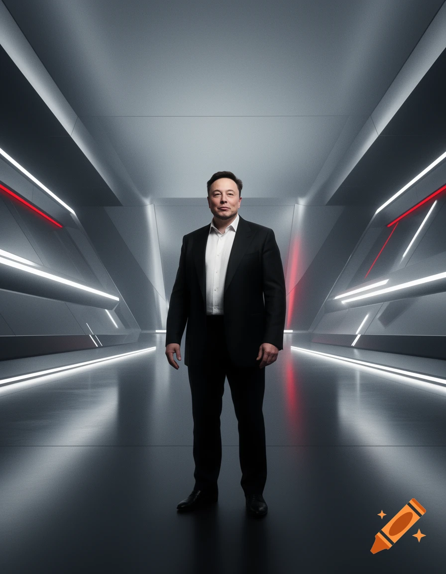Elon Musk stands centered in a sleek, dimly lit futuristic hallway with red and white glowing linear lights.