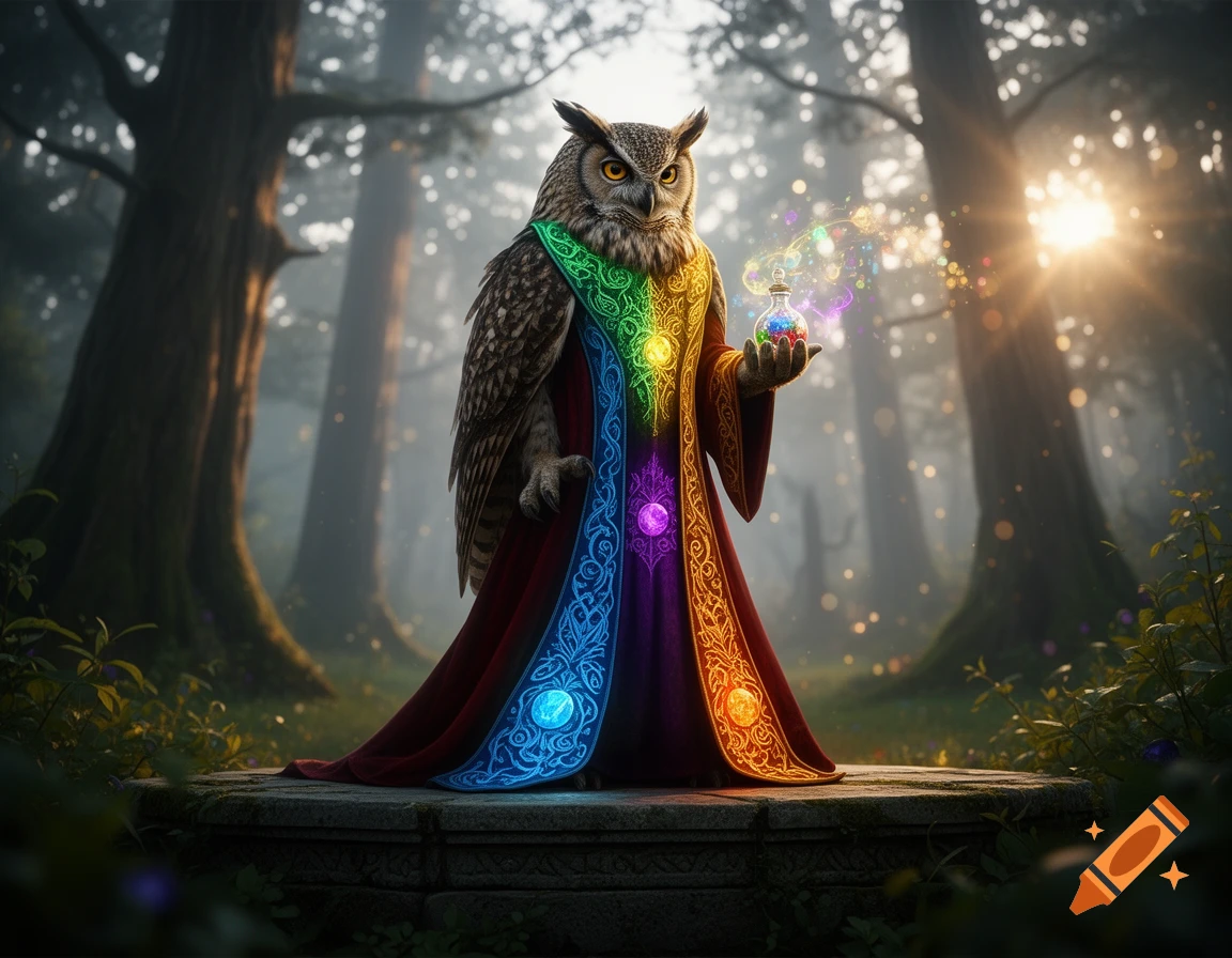 An anthropomorphic owl wizard in a glowing, colorful robe holding a potion bottle in a misty forest.