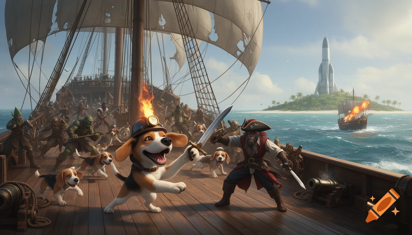 A happy beagle in a flaming helmet fights a pirate on a ship, as other beagles, orcs, and elves battle. A rocket stands on a distant island with a burning ship.