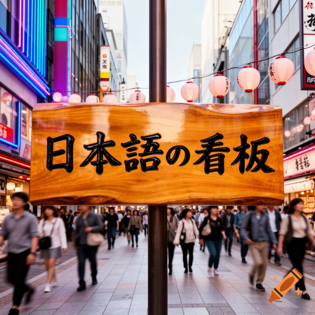 A wooden sign with Japanese text in a bustling city street, surrounded by people, neon lights, and pink lanterns.