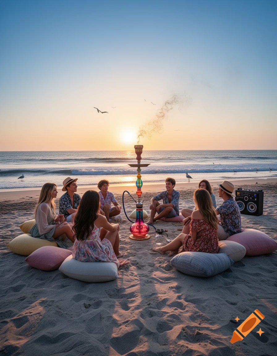 A group of friends relax on pillows on a sandy beach at sunset, sharing a colorful hookah near the ocean with a boombox.