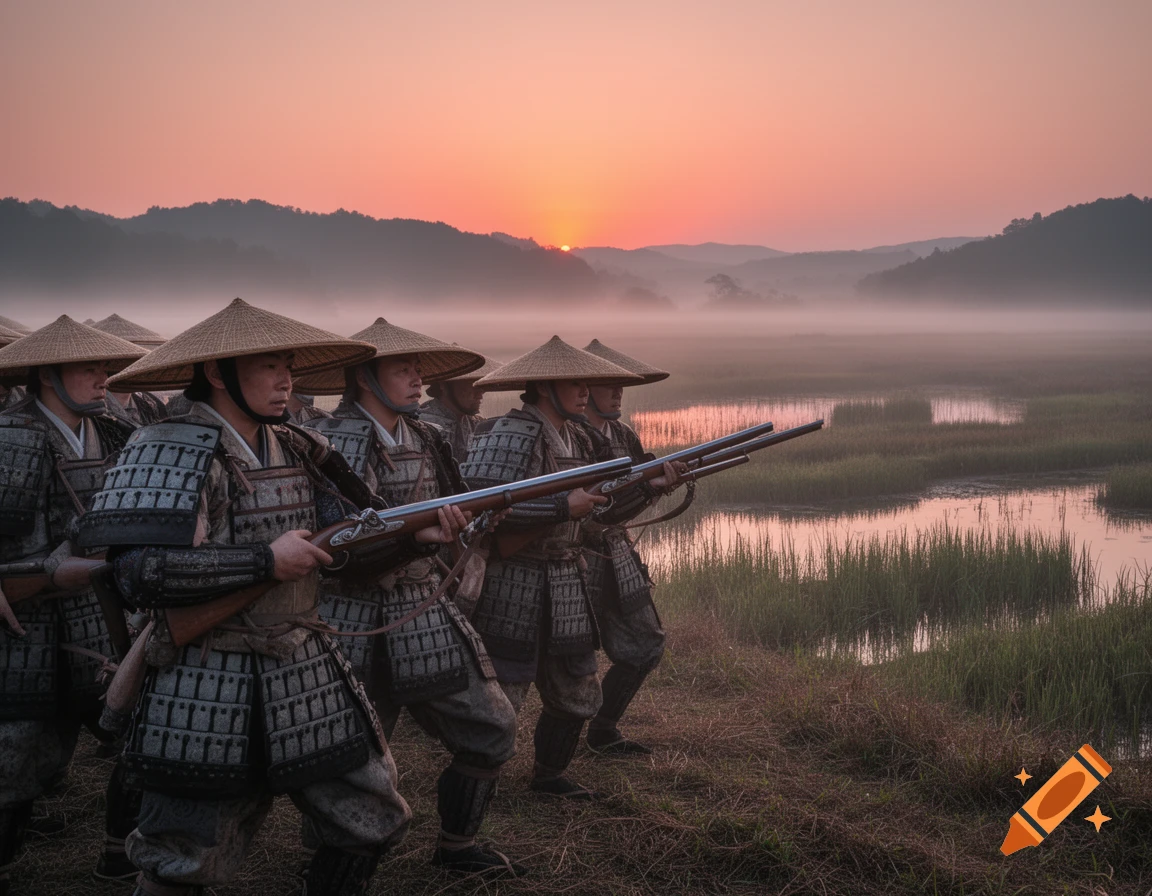 A line of Ashigaru musketeers in traditional armor and straw hats stands in a misty field at sunset.
