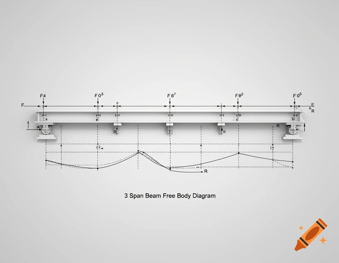 A 3-span beam free body diagram showing forces, reactions, and deflection curves on a white background.