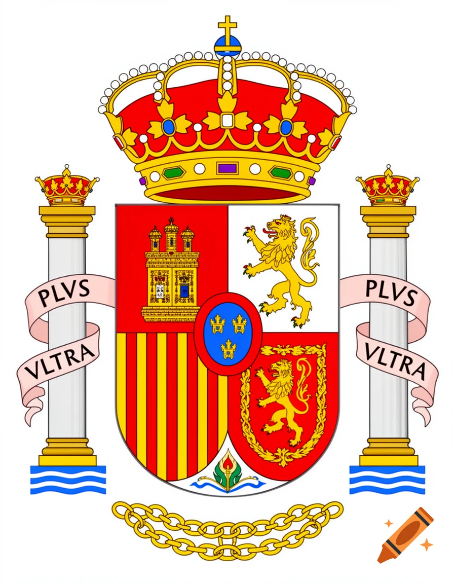 Official Spanish coat of arms illustration with a royal crown, shield featuring castles, lions, and stripes, flanked by pillars with 'PLVS VLTRA' banners.