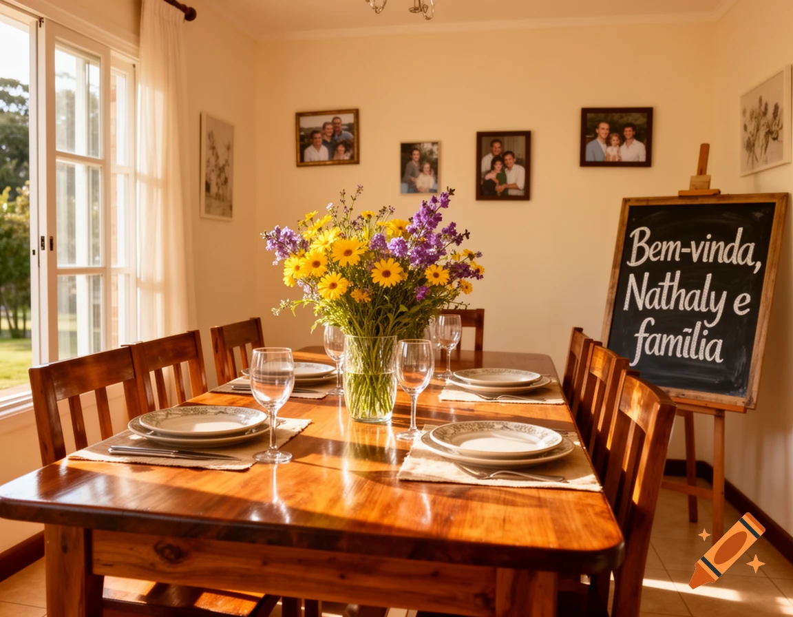 A set dining table with a vase of yellow and purple flowers in a sunny dining room. A chalkboard easel reads "Bem-vinda, Nathaly e família".