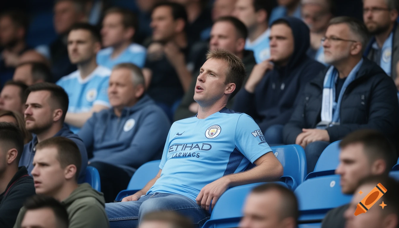 A man in a light blue Manchester City jersey sits in a stadium crowd, looking away from the camera, with other fans blurred in the background, photorealistic style.