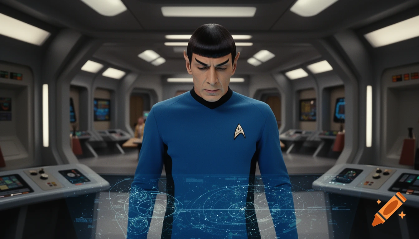 Spock from Star Trek looks down at a blue holographic display on a futuristic spaceship bridge.
