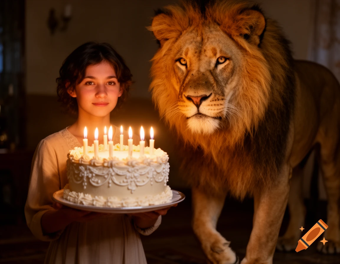 A young girl holds a lit birthday cake next to a regal lion in a dimly lit room, photorealistic style.