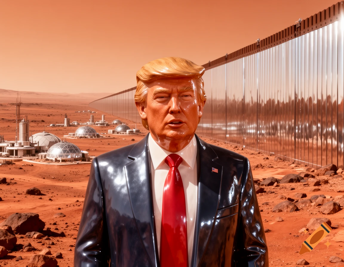 Photorealistic image of a shiny, plastic-like Donald Trump in a suit and red tie, standing on Mars with a futuristic colony and a reflective wall in the background.