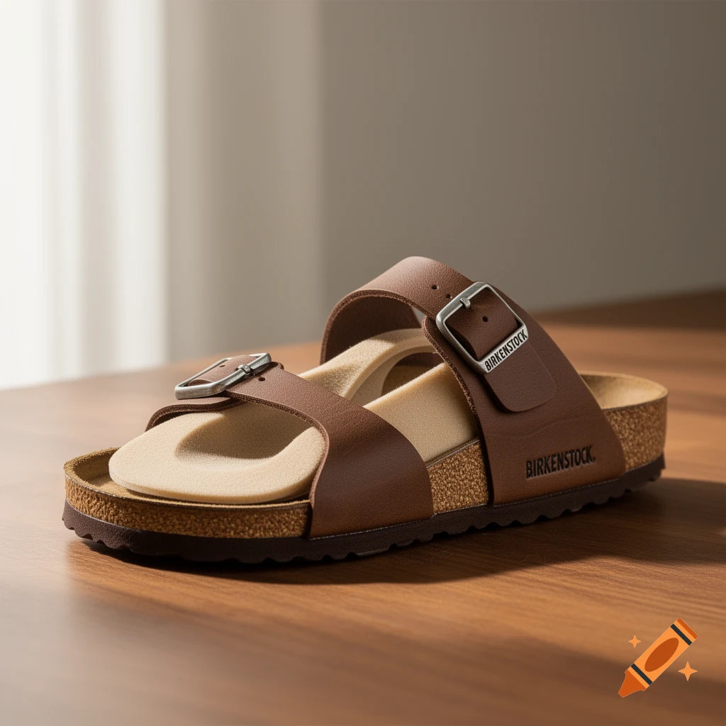 A single brown Birkenstock sandal with an orthopedic footbed rests on a polished wooden table, lit by natural light.