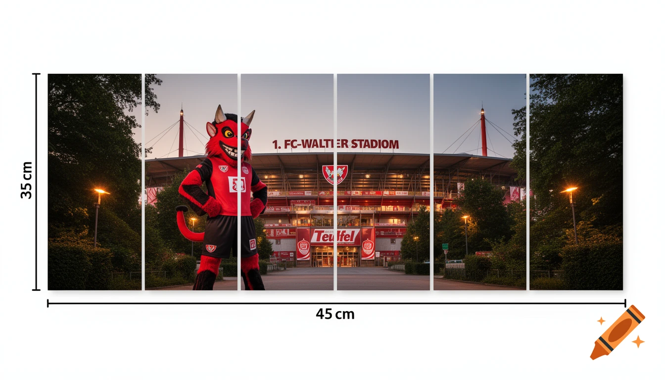 A multi-panel image showing a red devil mascot in front of a stadium with text "1. FC-WALTER STADIUM" and "Teufel" at dusk.