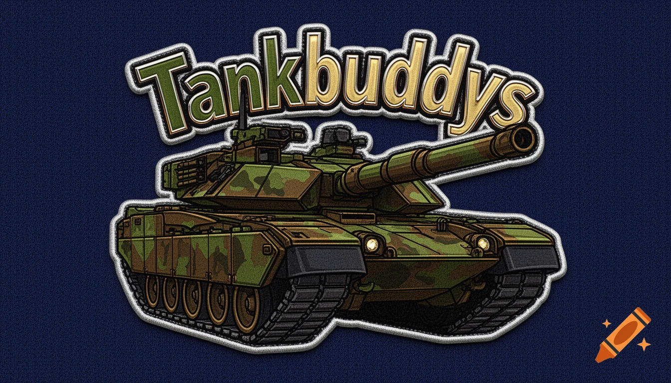 Cartoon-style military patch featuring a camouflage M1A2 Tusk tank and the word 'Tankbuddys' on a blue fabric background.