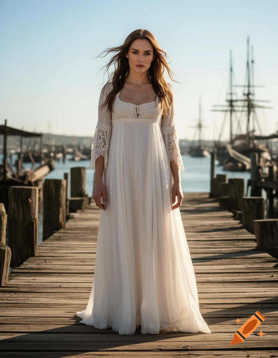 A woman in a flowing white dress stands on a wooden pier, with old sailing ships visible in the water behind her.