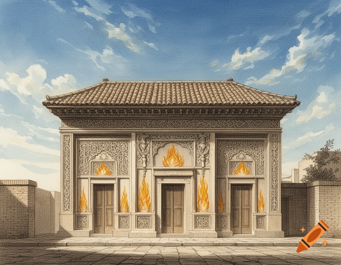 An ancient, Zoroastrian-influenced building with intricate carvings and stylized fire motifs, in an etching with watercolor style.