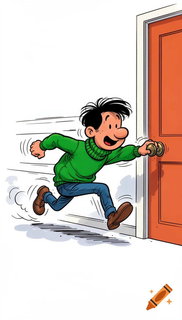 A cartoon boy with black hair and a green sweater runs towards the right to open a reddish-orange door.