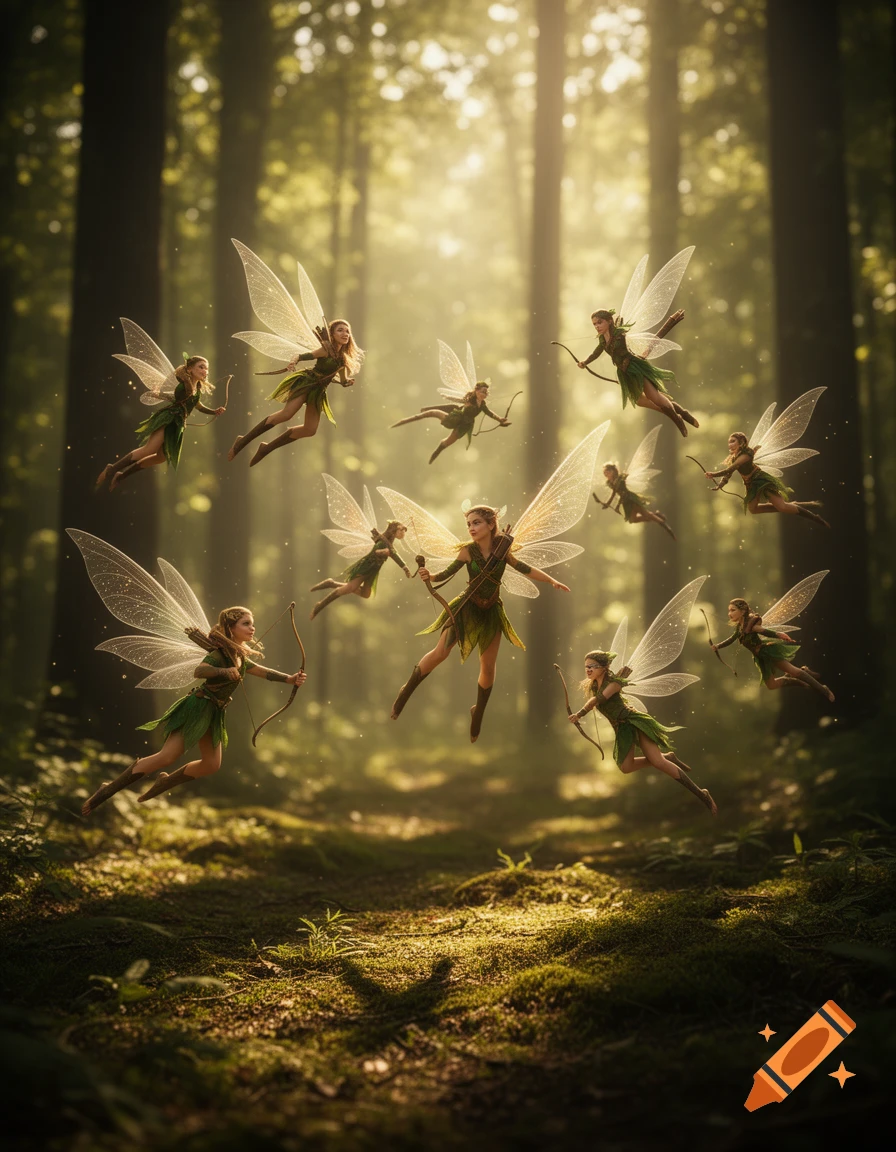 A swarm of flying female fairy rangers with bows and arrows soar through a sunlit enchanted forest.