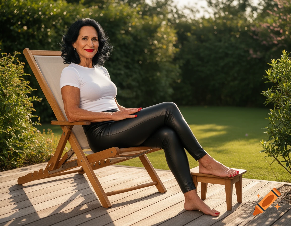 A smiling woman with dark hair and red lipstick sits in a deck chair on a sunny garden terrace.