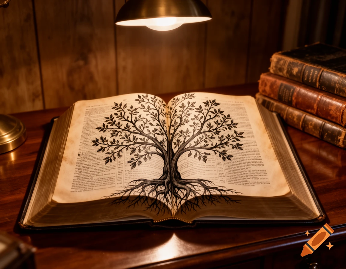 An open old book featuring a tree illustration, under a desk lamp, next to a stack of antique books on a wooden desk.
