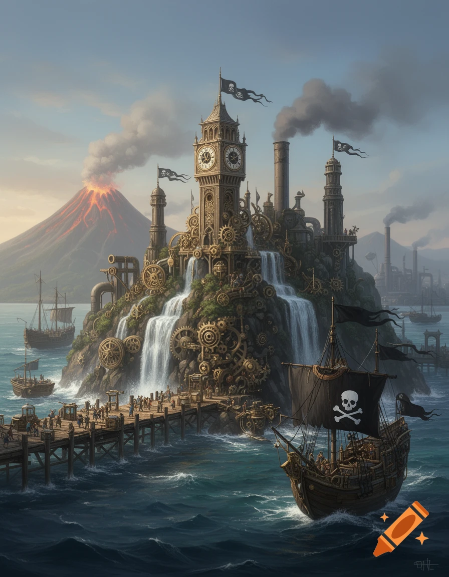 A detailed steampunk pirate island with a large clock tower, waterfalls, ships, and a volcano erupting in the background.