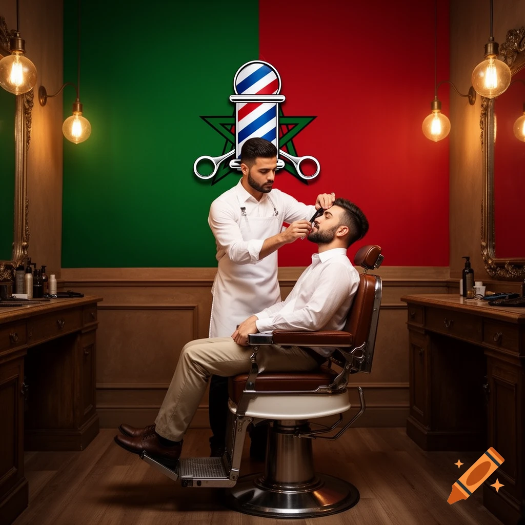 A barber shaves a client's beard in a classic barber shop, against a green and red wall with a Moroccan star and barber pole logo.