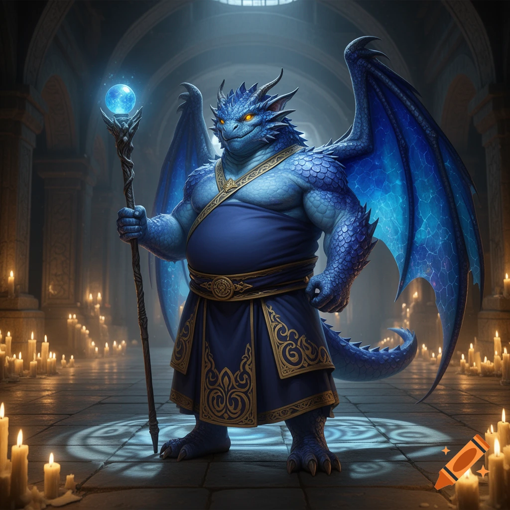 A blue dragon-like sorcerer monk with glowing eyes holds a glowing staff in a candlelit temple.