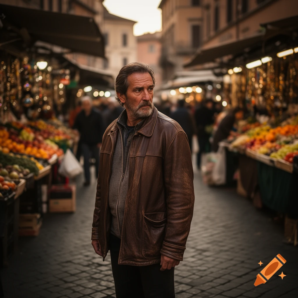 A man in a brown leather jacket stands in a bustling, illuminated European street market, looking pensively to the right.