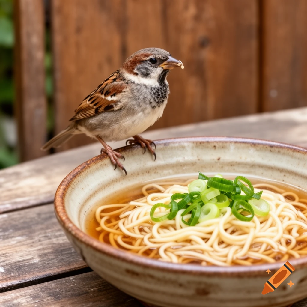 A small brown and white sparrow perches on the rim of a ceramic bowl filled with ramen noodles and green onions, on a wooden table.