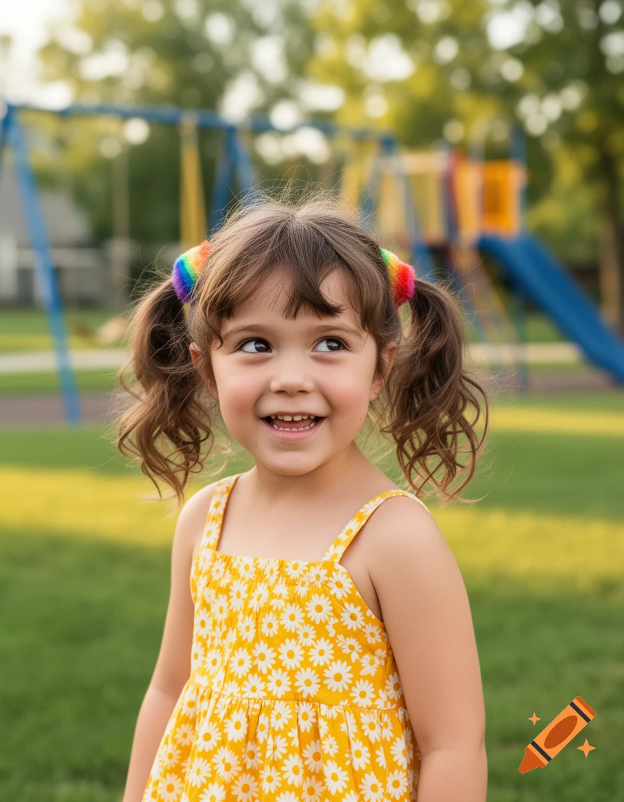 A smiling young girl with brown pigtails and rainbow hair ties, wearing a yellow daisy dress, stands in a grassy park.