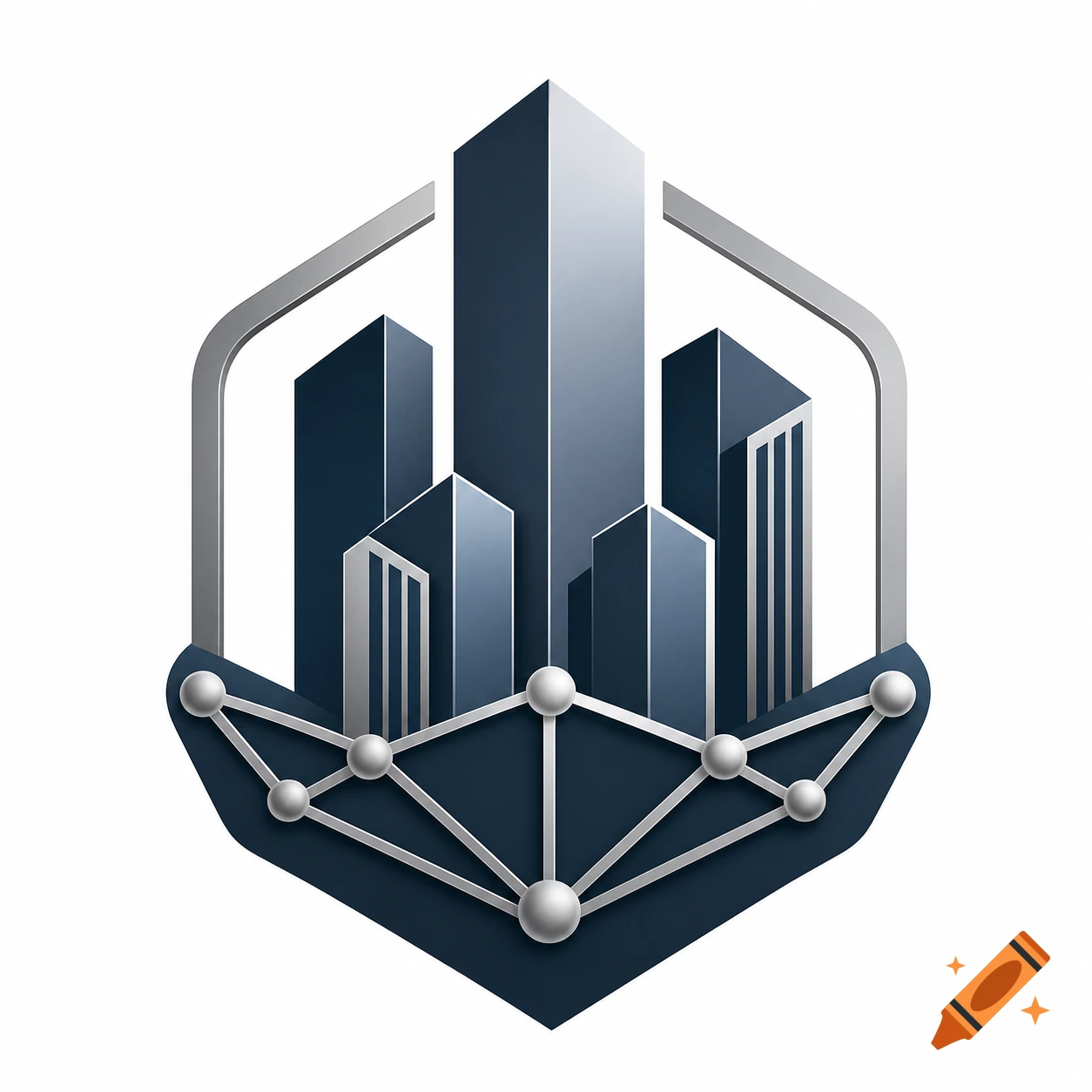 A logo featuring stylized blue-grey skyscrapers inside a silver hexagon, connected by a network of spheres and lines below.