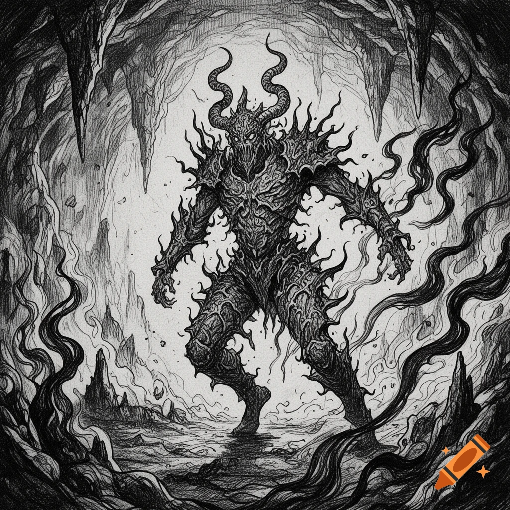 Dark, detailed black-and-white ink illustration of a horned, spiky demon-like creature in a cavern.