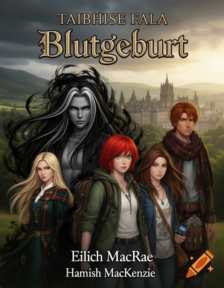 An anime-style fantasy book cover featuring a dark-haired man, a blonde woman, a red-haired woman with a backpack, a brown-haired woman, and a man in a kilt, standing in front of a city skyline and mountains. Text on the cover reads "TAIBHISE FALA Blutgeburt Eilich MacRae Hamish MacKenzie".
