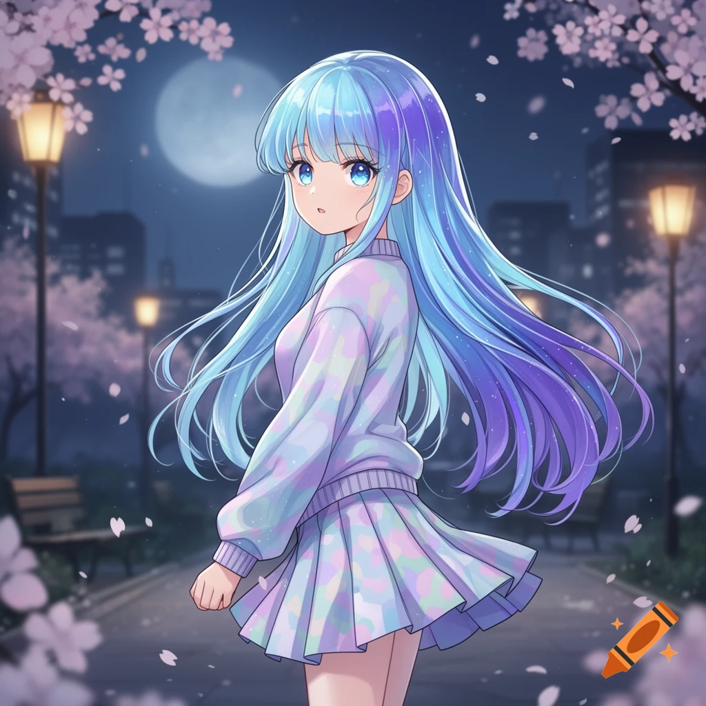 Anime girl with long blue and purple hair in a pastel outfit, standing in a cherry blossom park at night under a full moon.