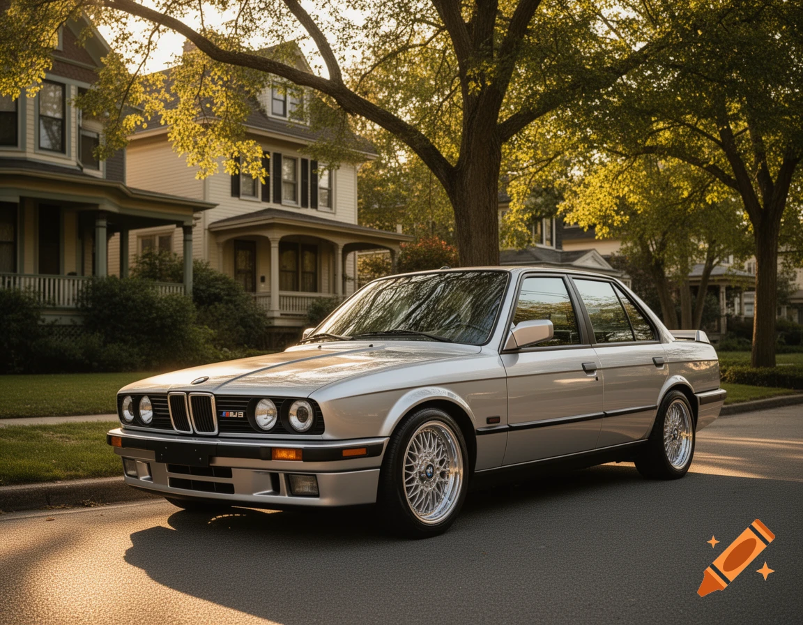 Silver BMW E30 sedan parked on a residential street at golden hour, with trees and houses in the background.