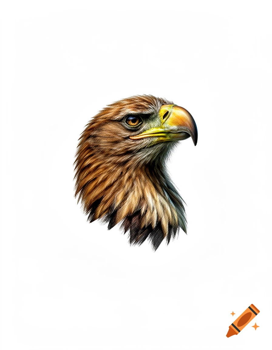 A detailed, realistic headshot of a brown eagle with a yellow beak, isolated on a white background.
