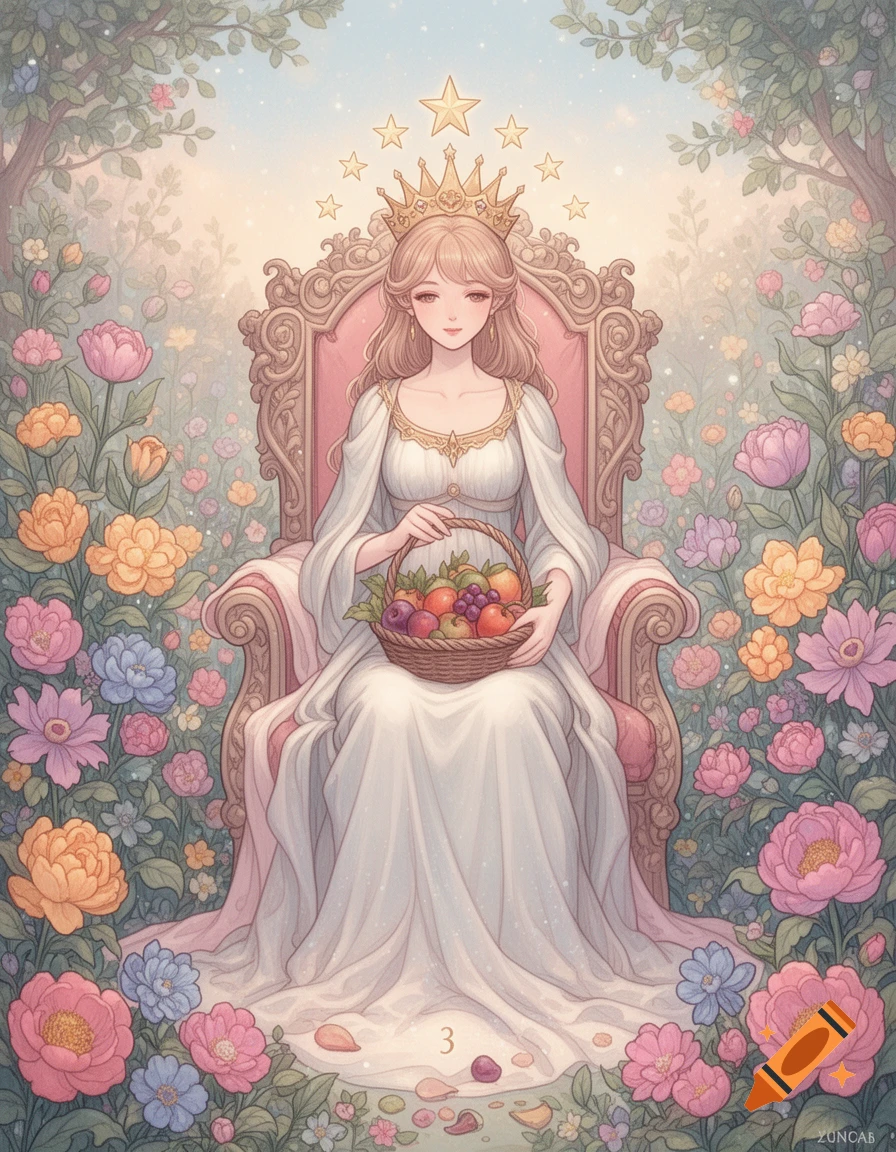 A serene queen with a star crown sits on a throne in a blooming garden, holding a fruit basket, in a pastel anime illustration style.