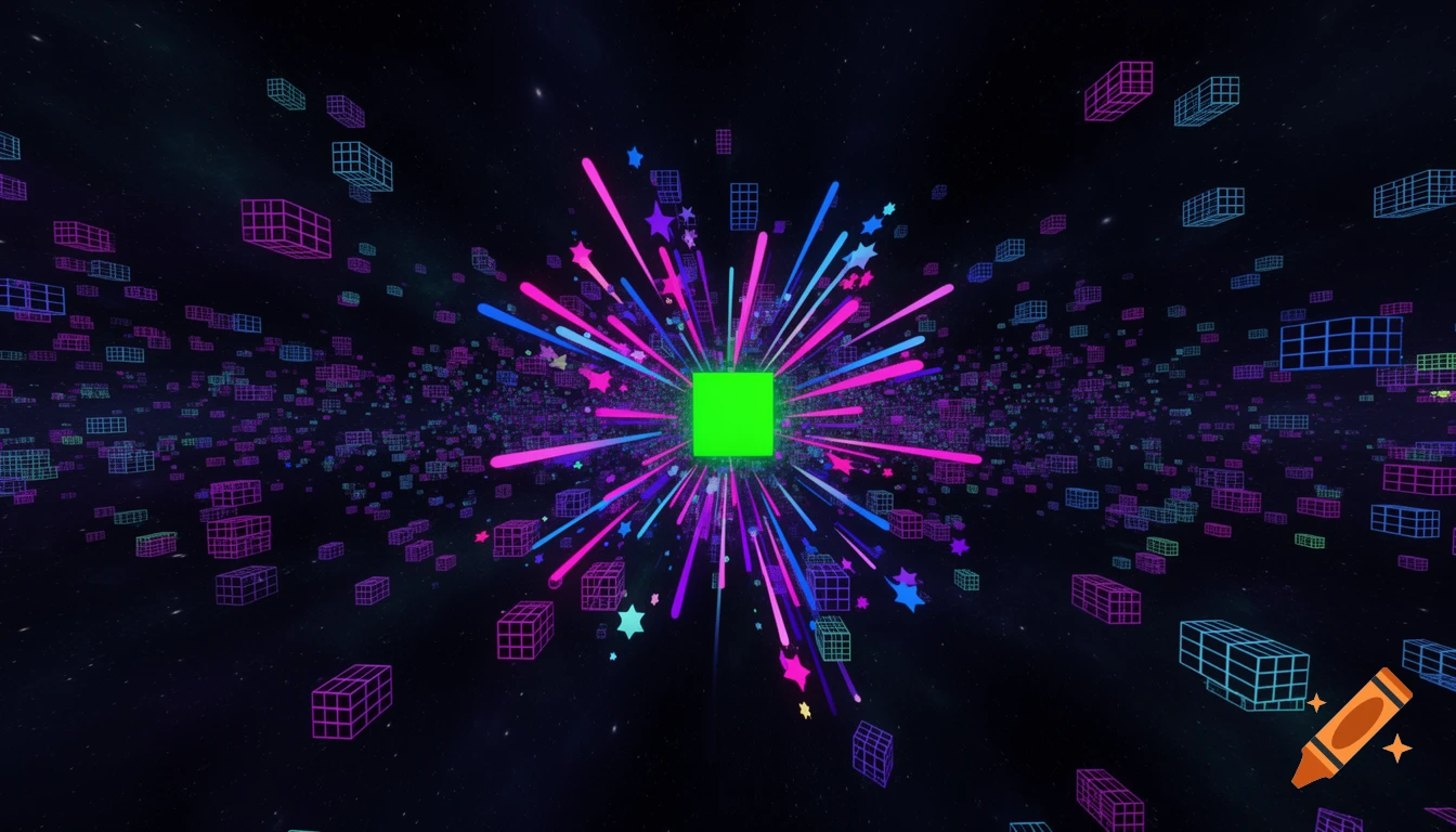 A bright green block emits colorful pink and blue light rays and stars amidst floating neon grid blocks in a dark, starry space void.