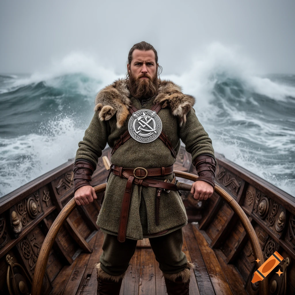 A fierce Viking man with a beard, wearing fur and leather, stands on a wooden longship in a stormy sea with large waves.