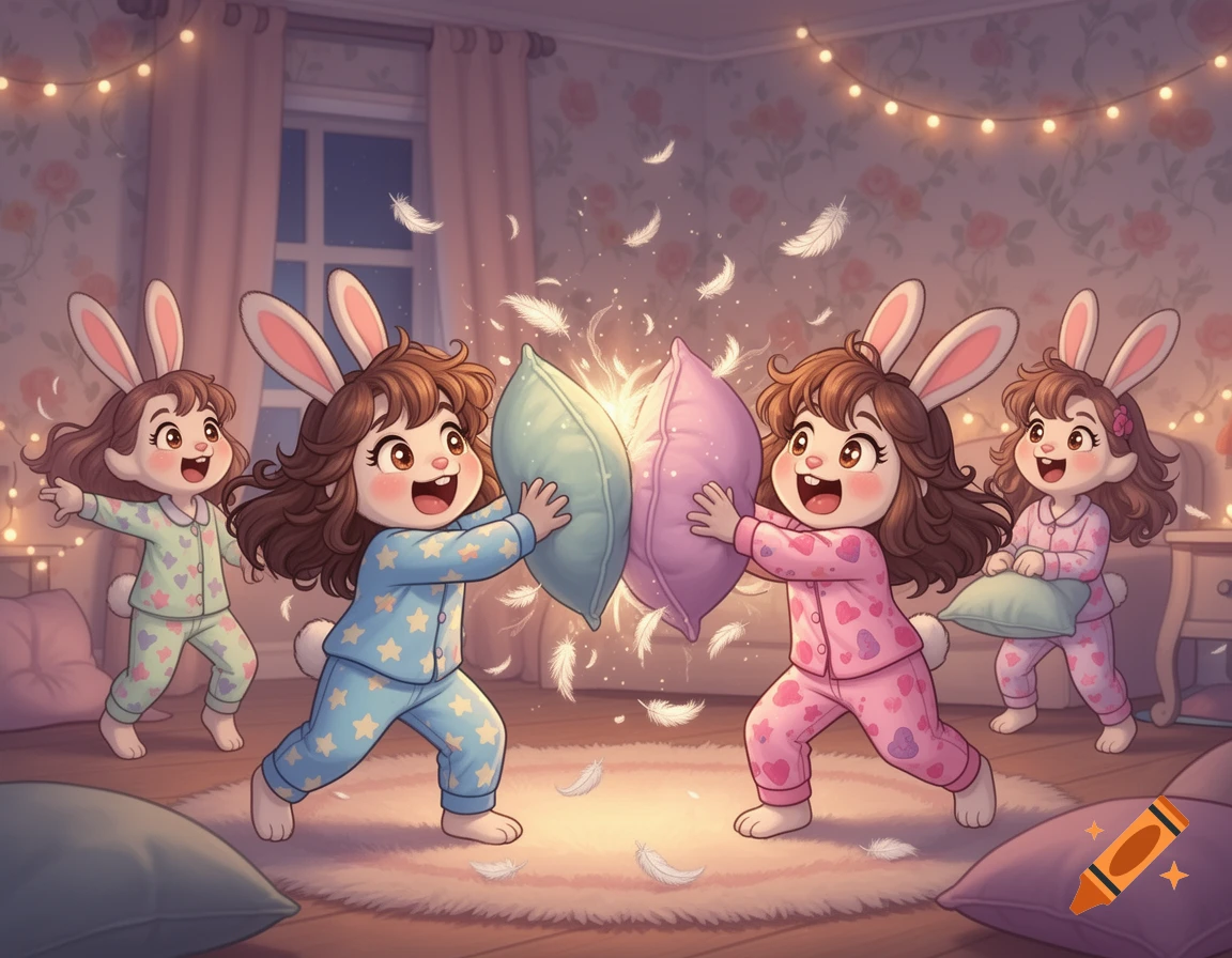 Four cute cartoon girls with bunny ears in pajamas have a joyful pillow fight in a cozy bedroom with feathers flying.